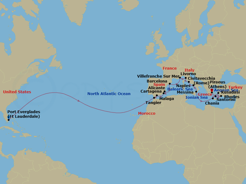 25 Night - Mediterranean Crossing : Spain & Italy - Oosterdam - Starting in Fort Lauderdale, Florida, Tangier, Morocco, Malaga, Spain, Cartagena ES, Alicante, Spain, Barcelona, Spain, Villefranche-sur-Mer (Nice), France, Livorno (Florence / Pisa), Italy, Civitavecchia (Rome), Italy, Naples (Pompeii / Amalfi), Italy, Messina, Italy, Souda (Chania), Greece, Thira (Santorini), Greece, Rhodes, Greece, Kusadasi (Ephesus), Turkey, Piraeus (Athens), Greece itinerary map