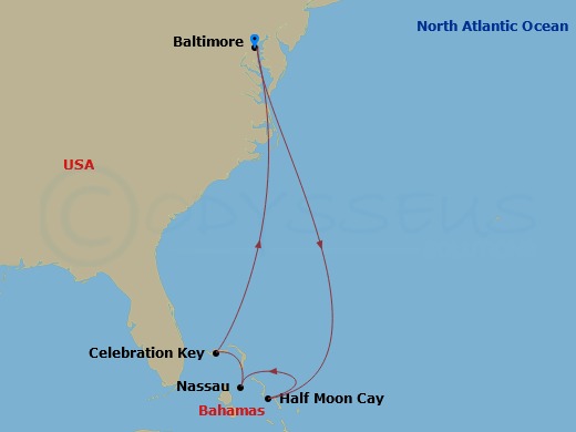 7 Night - Bahamas - Carnival Miracle - Starting in Baltimore, MD, Relaxaway, Half Moon Cay, Nassau, Bahamas, Celebration Key, the Bahamas, Baltimore, MD itinerary map