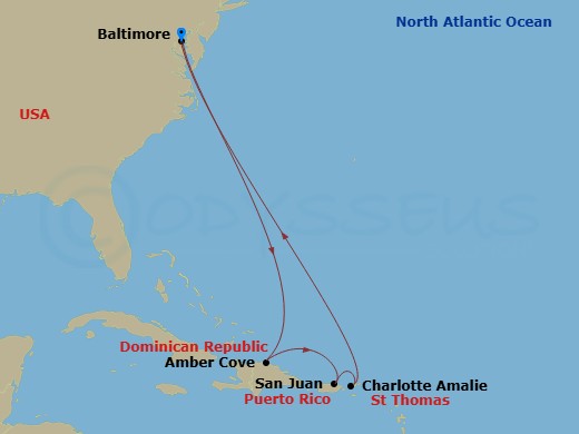 9 Night - Eastern Caribbean - Carnival Miracle - Starting in Baltimore, MD, Amber Cove, Dominican Republic, San Juan, Puerto Rico, St Thomas, US Virgin Islands, Baltimore, MD itinerary map