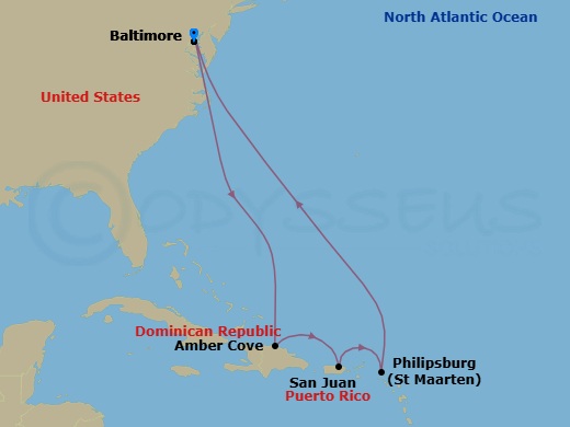 9 Night - Eastern Caribbean - Carnival Miracle - Starting in Baltimore, MD, Amber Cove, Dominican Republic, San Juan, Puerto Rico, St Maarten, Baltimore, MD itinerary map