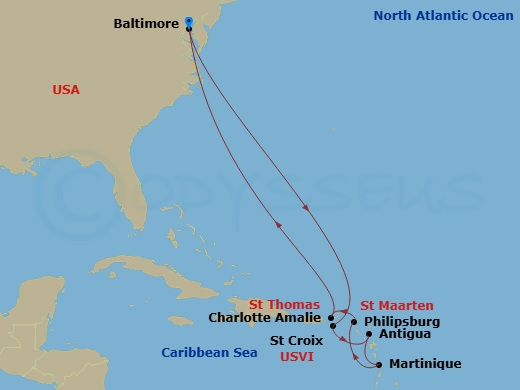 12 Night - Journeys - Southern Caribbean - Carnival Miracle - Starting in Baltimore, MD, St Croix, US Virgin Islands, Antigua, Martinique, St Maarten, St Thomas, US Virgin Islands, Baltimore, MD itinerary map