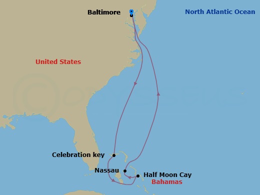 8 Night - Bahamas Cruise from Baltimore - Carnival Miracle - Starting in Baltimore, MD, Celebration Key, the Bahamas, Relaxaway, Half Moon Cay, Nassau, Bahamas, Baltimore, MD itinerary map