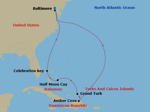 9 Night - Eastern Caribbean - Carnival Miracle - Starting in Baltimore, MD, Celebration Key, the Bahamas, Relaxaway, Half Moon Cay, Grand Turk, Amber Cove, Dominican Republic, Baltimore, MD itinerary map