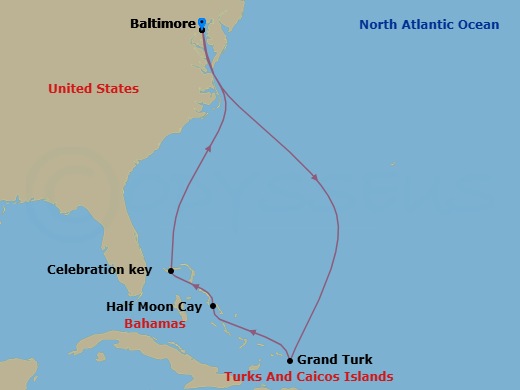 8 Night - Eastern Caribbean - Carnival Miracle - Starting in Baltimore, MD, Grand Turk, Relaxaway, Half Moon Cay, Celebration Key, the Bahamas, Baltimore, MD itinerary map