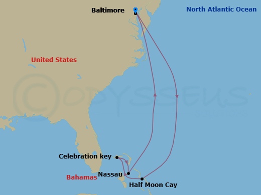 8 Night - Bahamas Cruise from Baltimore - Carnival Miracle - Starting in Baltimore, MD, Relaxaway, Half Moon Cay, Celebration Key, the Bahamas, Nassau, Bahamas, Baltimore, MD itinerary map