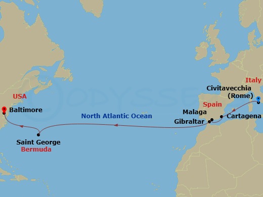 15 Night - Carnival Journeys - Transatlantic - Carnival Miracle - Starting in Civitavecchia (Rome), Italy, Cartagena ES, Malaga, Spain, Gibraltar, Bermuda, Baltimore, MD itinerary map