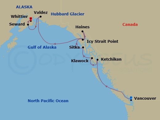 14 Night - Alaska Explorer Cruisetour : Denali, Talkeetna, Riverboat & Rail - Azamara Pursuit Tours - Starting in Vancouver, British Columbia, Ketchikan (Ward Cove), Alaska, Klawock, Alaska, Sitka, Alaska, Icy Strait Point, Alaska, Haines, Alaska, Cruise Hubbard Glacier, Valdez, Alaska, Seward, Alaska, Whittier, Alaska itinerary map