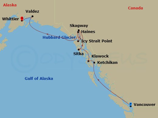 16 Night - Alaska Cruisetour : Ketchikan & Skagway + Pre Banff & Canadian Wilderness Tour - Azamara Pursuit Tours - Starting in Vancouver, British Columbia, Ketchikan, Alaska, Klawock, Alaska, Sitka, Alaska, Skagway, Icy Strait Point, Alaska, Haines, Alaska, Cruise Hubbard Glacier, Valdez, Alaska, Whittier itinerary map