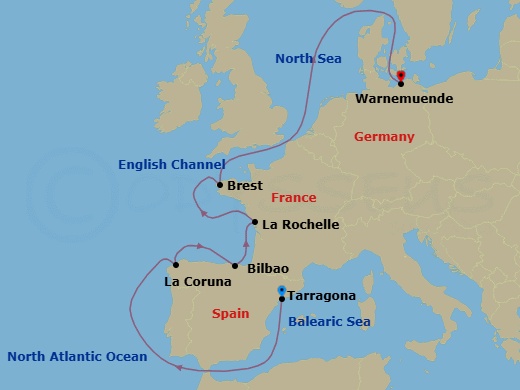 9 Night - Northern Europe - MSC Magnifica - Starting in Tarragona, Spain, La Coruna (Santiago De Compostela), Spain, Bilbao, Spain, La Rochelle, France, Brest, France, Warnemunde (Berlin), Germany itinerary map