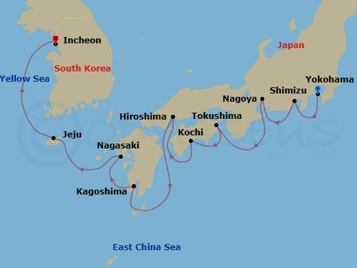 12 Night - Tokyo Pre Cruisetour - Norwegian Jade Tours - Starting in At Hotel, Tokyo (Yokohama), Japan, Mount Fuji / Shimizu, Japan, Nagoya, Japan, Tokushima, Japan, Kochi, Japan, Hiroshima, Japan, Kagoshima, Japan, Nagasaki, Japan, Jeju, South Korea, Seoul (Incheon), South Korea itinerary map