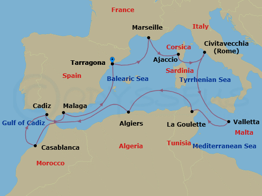 15 Night - Malta, Morocco & the Mediterranean - Viking Vela - Starting in Barcelona (Tarragona), Marseille, Corsica (Ajaccio), Rome (Civitavecchia), Sail the Mediterranean Sea, Valletta, Tunis (La Goulette), Sail the Mediterranean Sea, Algiers, Sail the Strait of Gibraltar, Casablanca, Seville (Cadiz), Granada (Malaga), Sail the Balearic Sea, Barcelona (Tarragona) itinerary map
