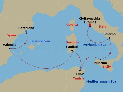 7 Night - Amalfi Coast, Africa & Iberia - Viking Sea - Starting in Barcelona, Valencia, Sail the Mediterranean Sea, Sardinia (Cagliari), Tunis (La Goulette), Palermo, Sicily, Salerno, Rome (Civitavecchia) itinerary map
