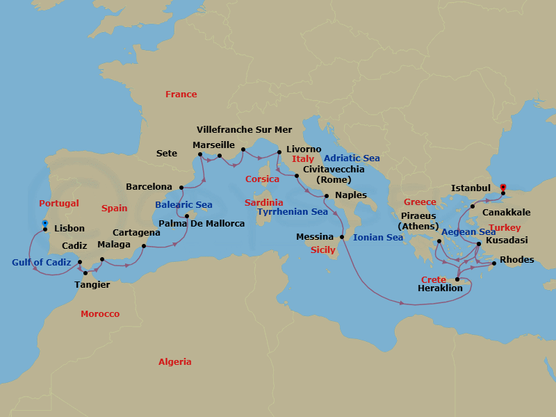 28 Night - Iberia, the Mediterranean & Aegean - Viking Mira - Starting in Lisbon, Seville (Cadiz), Tangier, Granada (Malaga), Murcia (Cartagena ES, Spain), Palma De Mallorca, Barcelona, Sete, Marseille, Villefranche-Sur-Mer, Florence / Pisa (Livorno), Rome (Civitavecchia), Naples, Sicily (Messina), Sail the Ionian Sea, Crete (Heraklion), Ephesus (Kusadasi), Athens (Piraeus), Crete (Heraklion), Rhodes, Ephesus (Kusadasi), Troy (Canakkale), Istanbul itinerary map