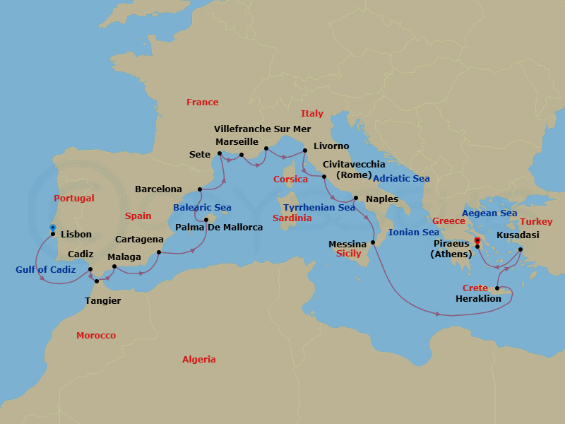 21 Night - Iberia & Mediterranean Antiquities - Viking Mira - Starting in Lisbon, Seville (Cadiz), Tangier, Granada (Malaga), Murcia (Cartagena ES, Spain), Palma De Mallorca, Barcelona, Sete, Marseille, Villefranche-Sur-Mer, Florence / Pisa (Livorno), Rome (Civitavecchia), Naples, Sicily (Messina), Sail the Ionian Sea, Crete (Heraklion), Ephesus (Kusadasi), Athens (Piraeus) itinerary map