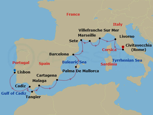 14 Night - Spain, Portugal & the Mediterranean - Viking Mira - Starting in Lisbon, Seville (Cadiz), Tangier, Granada (Malaga), Murcia (Cartagena ES, Spain), Palma De Mallorca, Barcelona, Sete, Marseille, Villefranche-Sur-Mer, Florence / Pisa (Livorno), Rome (Civitavecchia) itinerary map