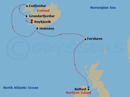 7 Night - Icelandic Rhapsody - Seven Seas Grandeur - Starting in Belfast, Cruising the Atlantic Ocean, Torshavn, Faroe Islands, Heimaey, Isafjordur, Grundarfjordur, Reykjavik itinerary map