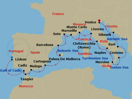 21 Night - Adriatic & Mediterranean Discovery - Viking Jupiter - Starting in Lisbon, Seville (Cadiz), Tangier, Granada (Malaga), Murcia (Cartagena ES, Spain), Palma De Mallorca, Barcelona, Sete, Marseille, Monte Carlo, Florence / Pisa (Livorno), Rome (Civitavecchia), Naples, Sicily (Messina), Crotone, Bari, Sibenik, Venice itinerary map