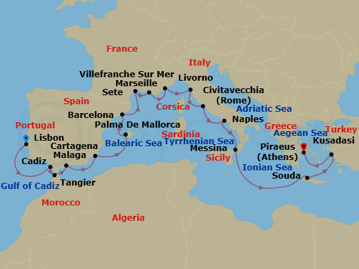 21 Night - Iberia & Mediterranean Antiquities - Viking Mira - Starting in Lisbon, Seville (Cadiz), Tangier, Granada (Malaga), Murcia (Cartagena ES, Spain), Palma De Mallorca, Barcelona, Sete, Marseille, Villefranche-Sur-Mer, Florence / Pisa (Livorno), Rome (Civitavecchia), Naples, Sicily (Messina), Sail the Ionian Sea, Crete (Souda Bay), Ephesus (Kusadasi), Athens (Piraeus) itinerary map