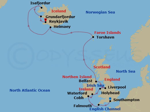 14 Night - The Extraordinary North Atlantic - Seven Seas Grandeur - Starting in London (Southampton), Falmouth, Cork (Cobh), Waterford, Cruising the Irish Sea, Holyhead, Liverpool, Belfast, Cruising the Atlantic Ocean, Torshavn, Faroe Islands, Heimaey, Isafjordur, Grundarfjordur, Reykjavik itinerary map