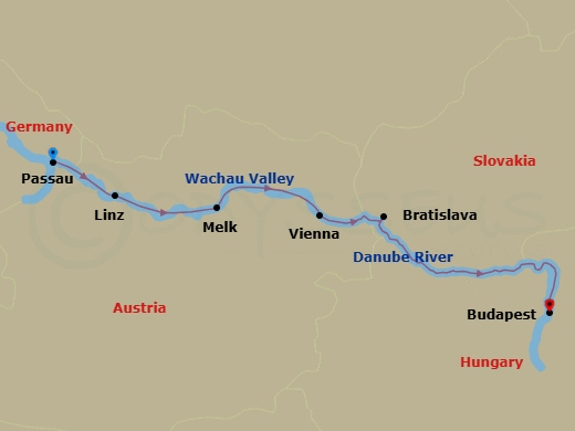 7 Night - Danube Waltz - Viking Ingvi - Starting in Passau, Linz, Scenic Sailing Wachau Valley, Melk, Vienna, Bratislava, Scenic Sailing Danube Bend, Budapest itinerary map