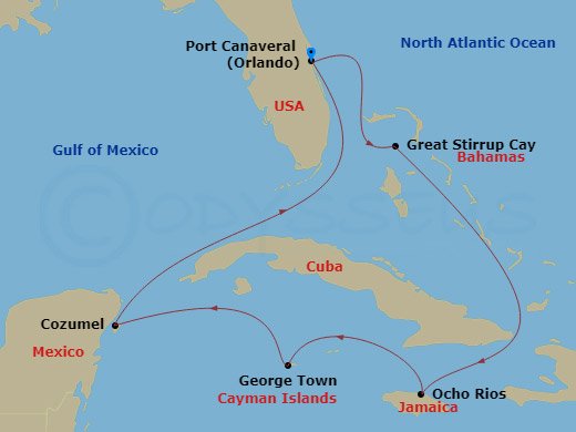 9 Night - Space Discovery Cruisetour - Norwegian Epic Tours - Starting in At Hotel, Orlando Beaches / Port Canaveral, Fl, Great Stirrup Cay, Bahamas, Ocho Rios, Jamaica, George Town, Cayman Islands, Cozumel, Mexico, Orlando Beaches / Port Canaveral, Fl itinerary map