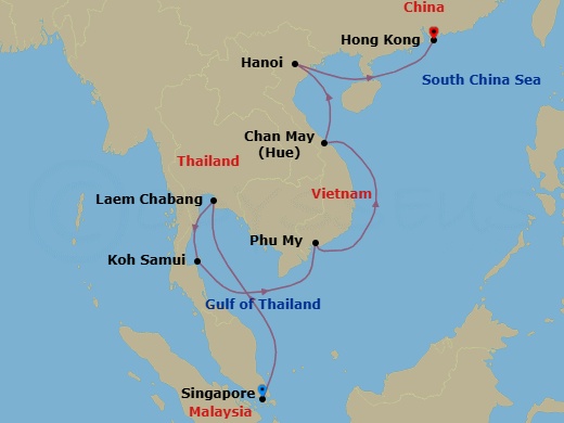 14 Night - Pre Cruisetour Singapore City Highlights Package - Norwegian Jade Tours - Starting in At Hotel, Singapore, Laem Chabang, Thailand, Ko Samui, Thailand, Phu My / Ho Chi Minh City, Viet Nam, Chan May, Viet Nam, Hanoi / Ha Long Bay, Viet Nam, Hong Kong, China itinerary map