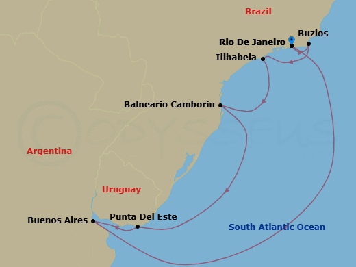 9 Night - South America - MSC Splendida - Starting in Rio De Janeiro, Brazil, Buzios, Brazil, Ilhabela, Brazil, Camboriu, Brazil, Punta Del Este, Uruguay, Buenos Aires, Argentina, Rio De Janeiro, Brazil itinerary map