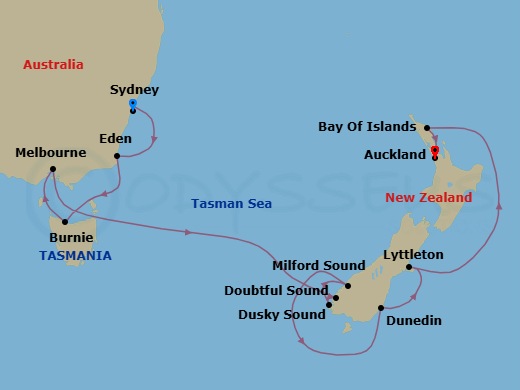 14 Night - Sydney City Highlights Pre Cruisetour - Norwegian Spirit Tours - Starting in At Hotel, Sydney AU, Eden, Australia, Burnie, Tasmania, Australia, Melbourne, Australia, Cruise Doubtful Sound, New Zealand, Cruise Dusky Sound, New Zealand, Milford Sound, New Zealand, Dunedin, New Zealand, Lyttleton, New Zealand, Bay of Islands, New Zealand, Auckland, New Zealand itinerary map