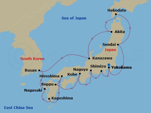 17 Night - Tokyo Pre Cruisetour - Norwegian Jade Tours - Starting in At Hotel, Tokyo (Yokohama), Japan, Mount Fuji / Shimizu, Japan, Nagoya, Japan, Kyoto / Kobe, Japan, Beppu, Japan, Hiroshima, Japan, Kagoshima, Japan, Nagasaki, Japan, Busan, South Korea, Kanazawa, Japan, Akita, Japan, Hakodate, Japan, Sendai (Ishinomaki), Japan, Tokyo (Yokohama), Japan itinerary map