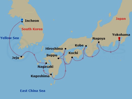 12 Night - Pre Cruisetour Incheon - Norwegian Jade Tours - Starting in At Hotel, Seoul (Incheon), South Korea, Jeju, South Korea, Nagasaki, Japan, Kagoshima, Japan, Hiroshima, Japan, Beppu, Japan, Kochi, Japan, Kyoto / Kobe, Japan, Nagoya, Japan, Tokyo (Yokohama), Japan itinerary map