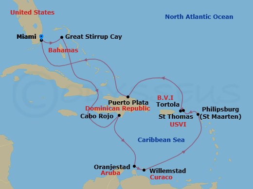 12 Night - Southern Caribbean - Miami - Norwegian Jewel - Starting in Miami, Fl, Great Stirrup Cay, Bahamas, Cabo Rojo, Dominican Republic, Oranjestad, Aruba, Willemstad AN, Netherlands Antilles, Philipsburg, St Maarten, Netherland Antilles, Tortola, British Virgin Islands, St Thomas, Vi, Puerto Plata, Dominican Republic, Miami, Fl itinerary map