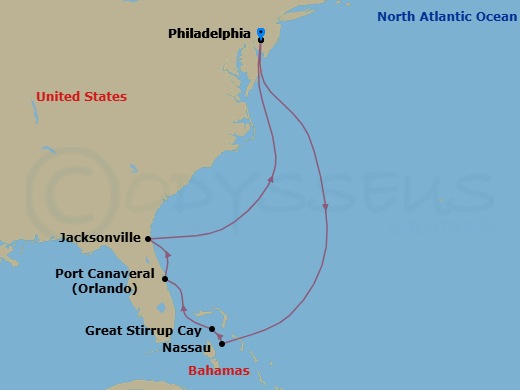 8 Night - Bahamas -Philadelphia - Norwegian Pearl - Starting in Philadelphia, Pa, Nassau, Bahamas, Great Stirrup Cay, Bahamas, Orlando Beaches / Port Canaveral, Fl, Jacksonville, Florida, Philadelphia, Pa itinerary map