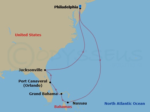 8 Night - Bahamas -Philadelphia - Norwegian Pearl - Starting in Philadelphia, Pa, Nassau, Bahamas, Grand Bahama Island, Bahamas, Orlando Beaches / Port Canaveral, Fl, Jacksonville, Florida, Philadelphia, Pa itinerary map