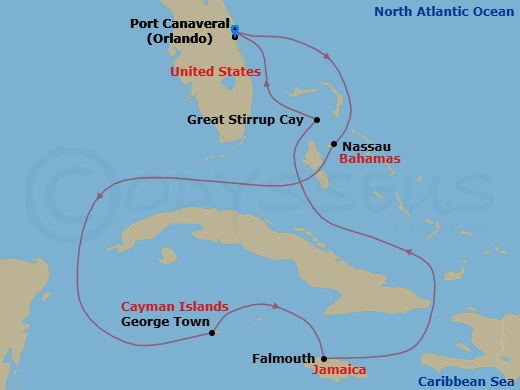 7 Night - Western Caribbean - Port Canaveral - Norwegian Epic - Starting in Orlando Beaches / Port Canaveral, Fl, Nassau, Bahamas, George Town, Cayman Islands, Falmouth, Jamaica, Great Stirrup Cay, Bahamas, Orlando Beaches / Port Canaveral, Fl itinerary map