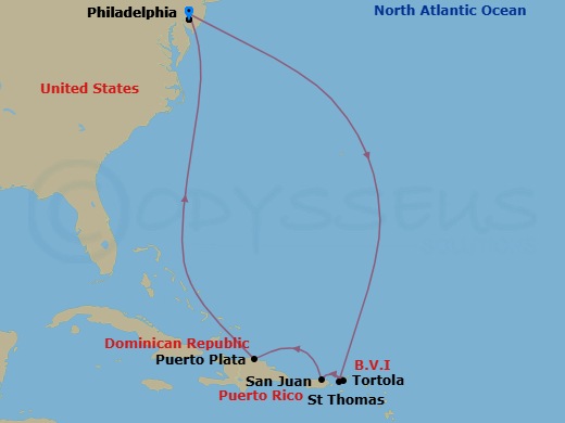 10 Night - Caribbean - Norwegian Pearl - Starting in Philadelphia, Pa, St Thomas, Vi, Tortola, British Virgin Islands, San Juan, Pr, Puerto Plata, Dominican Republic, Philadelphia, Pa itinerary map