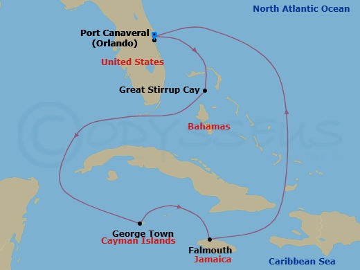 7 Night - Western Caribbean - Port Canaveral - Norwegian Epic - Starting in Orlando Beaches / Port Canaveral, Fl, Great Stirrup Cay, Bahamas, George Town, Cayman Islands, Falmouth, Jamaica, Orlando Beaches / Port Canaveral, Fl itinerary map