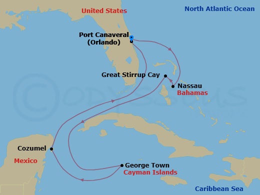 7 Night - Western Caribbean - Port Canaveral - Norwegian Epic - Starting in Orlando Beaches / Port Canaveral, Fl, Nassau, Bahamas, Great Stirrup Cay, Bahamas, George Town, Cayman Islands, Cozumel, Mexico, Orlando Beaches / Port Canaveral, Fl itinerary map
