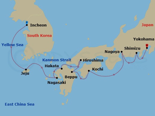 9 Night - Asia - Japan - Norwegian Jade - Starting in Seoul (Incheon), South Korea, Jeju, South Korea, Nagasaki, Japan, Hakata / Fukuoka, Japan, Cruise Kanmon Straits, Japan, Hiroshima, Japan, Beppu, Japan, Kochi, Japan, Nagoya, Japan, Mount Fuji / Shimizu, Japan, Tokyo (Yokohama), Japan itinerary map