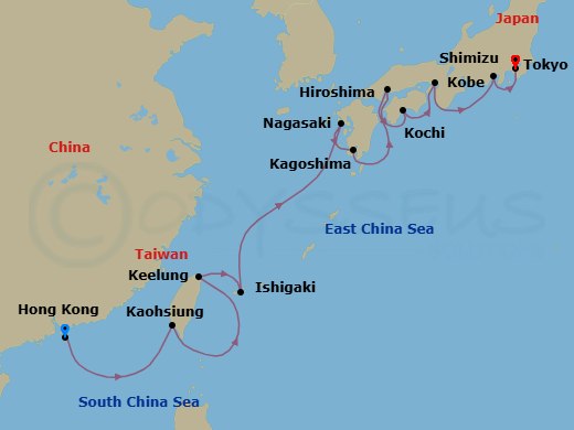 11 Night - Asia - East Asia - Norwegian Jade - Starting in Hong Kong, China, Kaohsiung, Taiwan, Taipei / Keelung, Taiwan, Ishigaki / Okinawa, Japan, Nagasaki, Japan, Kagoshima, Japan, Hiroshima, Japan, Kochi, Japan, Kyoto / Kobe, Japan, Mount Fuji / Shimizu, Japan, Tokyo, Japan itinerary map