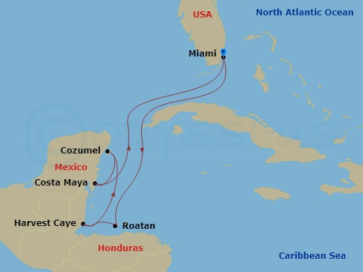 7 Night - Western Caribbean - Miami - Norwegian Luna - Starting in Miami, Fl, Roatan Bay Islands, Honduras, Harvest Caye, Belize, Cozumel, Mexico, Costa Maya, Mexico, Miami, Fl itinerary map