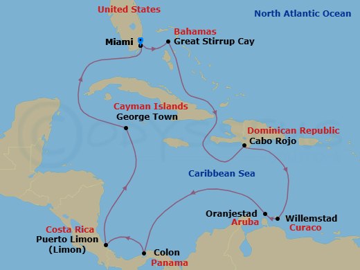 12 Night - Panama Canal - Miami - Norwegian Sun - Starting in Miami, Fl, Great Stirrup Cay, Bahamas, Cabo Rojo, Dominican Republic, Willemstad AN, Netherlands Antilles, Oranjestad, Aruba, Panama Canal Gatun Lake, Panama, Colon, Panama, Puerto Limon, Costa Rica, George Town, Cayman Islands, Miami, Fl itinerary map