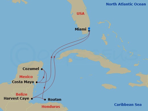 7 Night - Western Caribbean - Miami - Norwegian Aqua - Starting in Miami, Fl, Harvest Caye, Belize, Roatan Bay Islands, Honduras, Cozumel, Mexico, Costa Maya, Mexico, Miami, Fl itinerary map