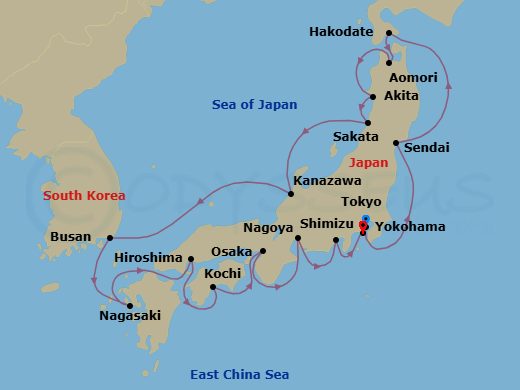 14 Night - Asia - Japan - Norwegian Jade - Starting in Tokyo, Japan, Sendai (Ishinomaki), Japan, Hakodate, Japan, Aomori, Japan, Akita, Japan, Sakata, Japan, Kanazawa, Japan, Busan, South Korea, Nagasaki / Sasebo, Japan, Hiroshima, Japan, Cruise Kanmon Straits, Japan, Kochi, Japan, Kyoto / Osaka, Japan, Nagoya, Japan, Mount Fuji / Shimizu, Japan, Tokyo (Yokohama), Japan itinerary map