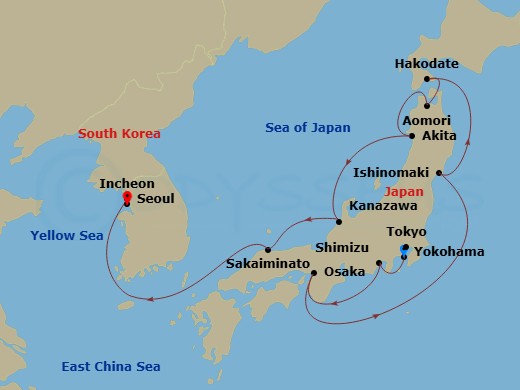 11 Night - Asia - Japan - Norwegian Jade - Starting in Tokyo (Yokohama), Japan, Mount Fuji / Shimizu, Japan, Kyoto / Osaka, Japan, Sendai (Ishinomaki), Japan, Hakodate, Japan, Aomori, Japan, Akita, Japan, Kanazawa, Japan, Sakaiminato, Japan, Seoul (Incheon), South Korea itinerary map