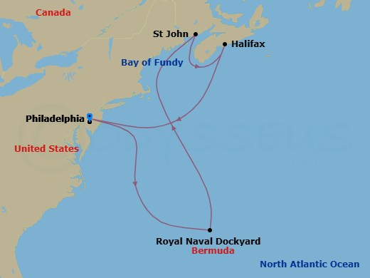9 Night - Bermuda - Norwegian Jewel - Starting in Philadelphia, Pa, Royal Naval Dockyard, Bermuda, Saint John NB (Bay of Fundy), Halifax, Canada, Philadelphia, Pa itinerary map
