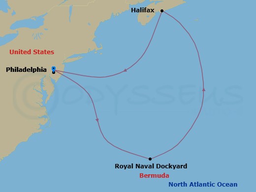 7 Night - Bermuda - Norwegian Jewel - Starting in Philadelphia, Pa, Royal Naval Dockyard, Bermuda, Halifax, Canada, Philadelphia, Pa itinerary map