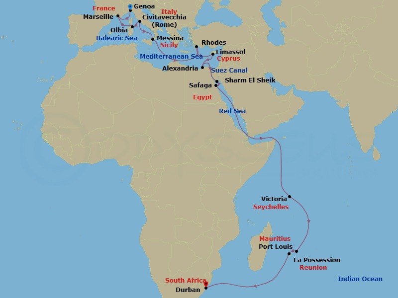 28 Night - Msc Grand Voyages - MSC Sinfonia - Starting in Genoa (Portofino), Italy, Marseille (Provence), France, Olbia, Italy, Civitavecchia (Rome), Italy, Messina (Taormina), Italy, Rhodes (Lindos), Greece, Limassol, Cyprus, Alexandria EG, Egypt, Suez Canal (Transit), Egypt, Sharm El-Sheikh, Egypt, Safaga, Egypt, Port Victoria, Seychelles, Port Louis, Mauritius, La Possession, Reunion, Durban, South Africa itinerary map