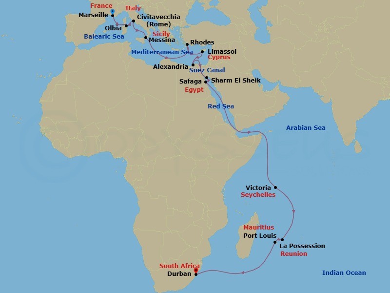 27 Night - Msc Grand Voyages - MSC Sinfonia - Starting in Marseille (Provence), France, Olbia, Italy, Civitavecchia (Rome), Italy, Messina (Taormina), Italy, Rhodes (Lindos), Greece, Limassol, Cyprus, Alexandria EG, Egypt, Suez Canal (Transit), Egypt, Sharm El-Sheikh, Egypt, Safaga, Egypt, Port Victoria, Seychelles, Port Louis, Mauritius, La Possession, Reunion, Durban, South Africa itinerary map