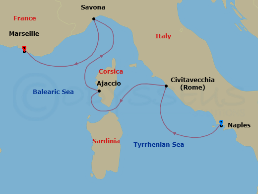4 Night - Mediterranean from Naples to Marseille - Costa Fascinosa - Starting in Napoli, Civitavecchia (Rome), Ajaccio, Savona, Marseille itinerary map