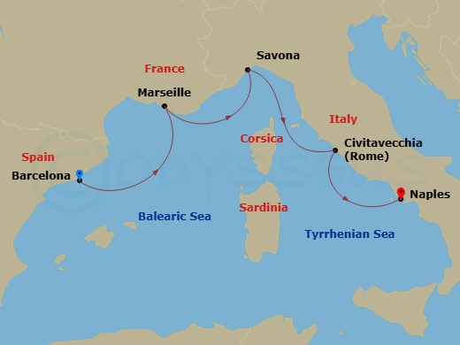 4 Night - Southern Europe from Barcelona to Naples - Costa Fascinosa - Starting in Barcelona, Marseille, Savona, Civitavecchia (Rome), Napoli itinerary map
